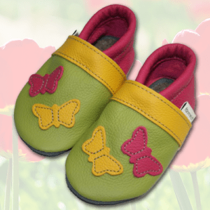 Krabbelschuhe Schmetterling Lemongrün-Pink
