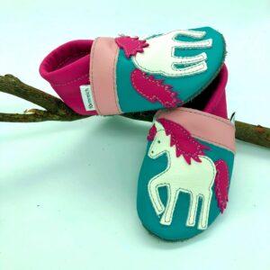 Krabbelschuhe Einhorn Petrol - Pink