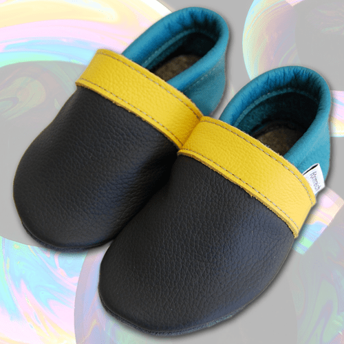 Krabbelschuhe Anthrazit-Geld-Türkis