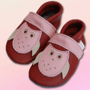 Krabbelschuhe Eulen-Applikation Brombeer-Rosa