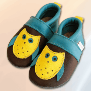 Krabbelschuhe Eulen-Applikation Braun-Türkis