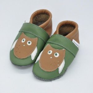 Krabbelschuhe Eulen-Applikation Grün-Braun
