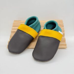 Anthrazit Gelb und Türkis Lederpuschen Gr. 26/27 breit SALE