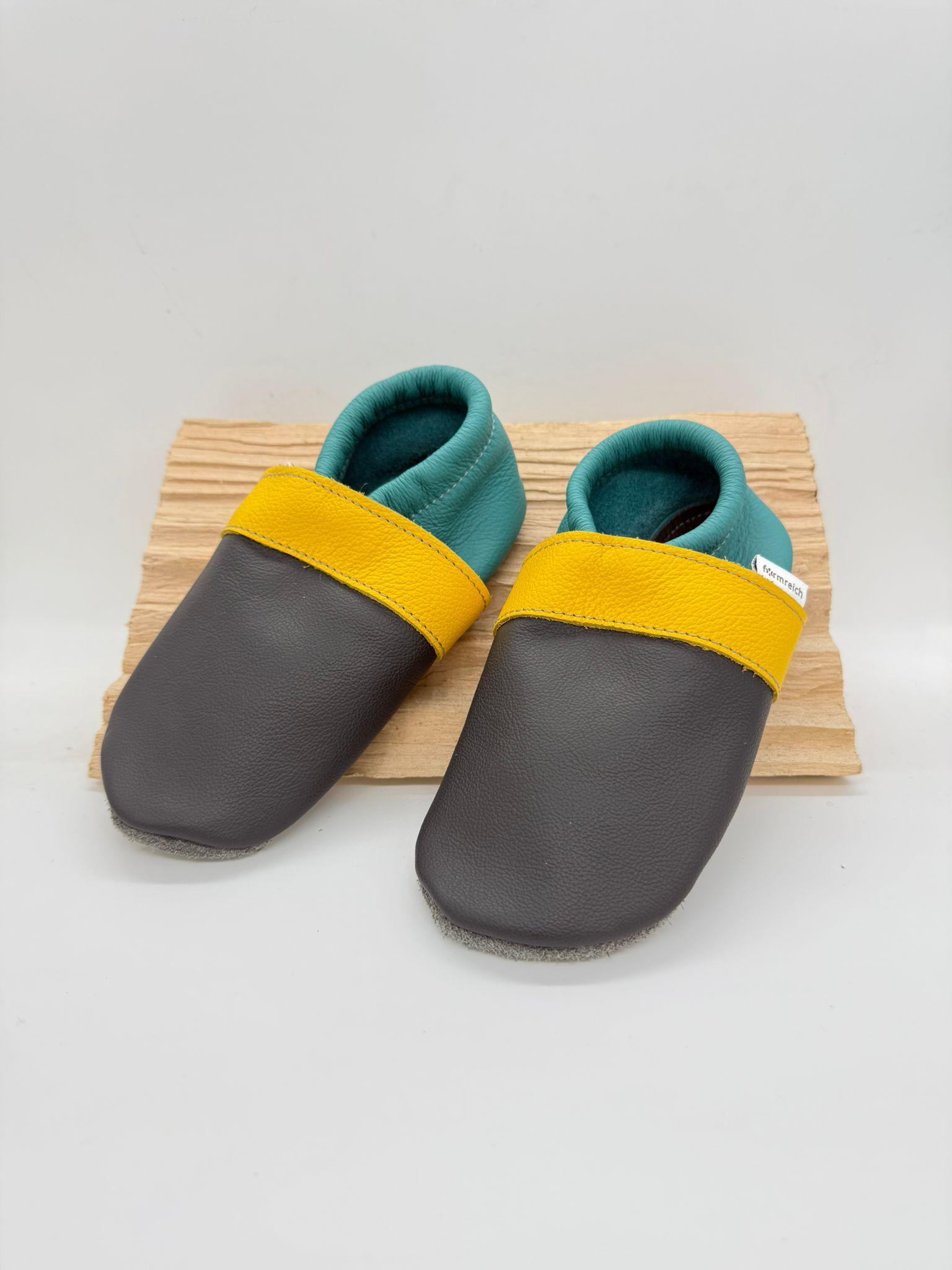 Anthrazit Gelb und Türkis Lederpuschen Gr. 26/27 breit SALE